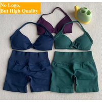 NO LOGO 2PCS Gym Set Women Strappy Yoga Bra Top High Waist Workout Scrunch Shorts Sports Suit Seamless Yoga Set Fitness Clothes