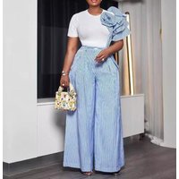 Two Piece Set Women Outfit 2025 Spring New Floral Decor Round Neck Short Sleeved T-Shirt & Striped High Waist Wide Leg Pants Set