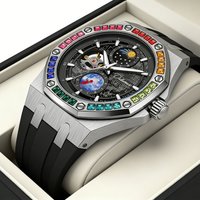 8-Farben Edelstein-Lünette Rotierende Erde Doppel-Sekundenzeiger Armbanduhr Herren Automatische Mechanische Uhr Sternenhimmel Silikon-Uhrenarmband