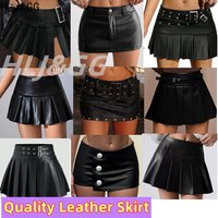 HLJ&GG Black Trend Leather Pleated Mini Skirts Women High Waisted A-line Skirts Y2K Fashion Solid Color Ruched Bottoms 2026 New