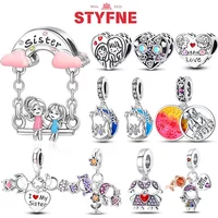 Sterling Silver S925 Sisters on The Swing Charms Heart Bead Fit Original Bracelet Bangle DIY Fine Gift Jewelry for Women