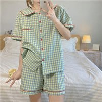Women's Pajamas Summer Cute Doll Collar Ins Short Sleeved Shorts Checkered Shirt 2026 Home Clothes Set Girl Button Sleepwear