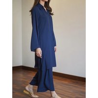 Women Eid Muslim Sets Ensemble Morocco Ramadan Two Pieces V Neck Kaftan Islam Blouses Arab Loose Wide Leg Pants Modest Solid