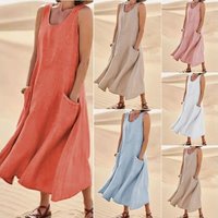 Women Casual Sleeveless A Line Dress with Pockets Vintage Hrajuku Loose Midi Length Maxi Dress Summer O Neck Cotton Linen Dress