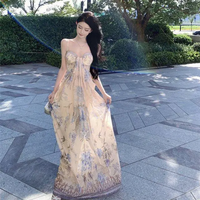 Boho Floral Print Chiffon Long Dress Women Thin Strap Bust Gathered High Waist Flowy Beach Holiday Maxi Sundress