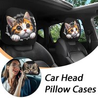Cute Cat Car Headrest Covers 2PCS Elastic Polyester Auto Pillowcase Funny Animal Print Head Rest Protector For Universal Car SUV