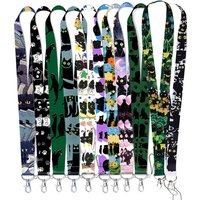Mixed 10pcs Random Cartoon Black Cat Lanyards For Keys Keychain Badge Holder ID Credit Card Pass Hang Rope Key Ring Accessories