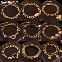 GANEMLY Trendy Gold Color Charm Bracelet Bangle Wrist Chain Stainless Steel Waterproof Jewelry For Women Party Gift pulseras
