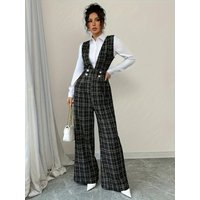Women High Waist Wide Leg Plaid Tweed Jumpsuit Vest Style Double Breasted Pearl Buttons Pockets Elegant Office Formal Wear