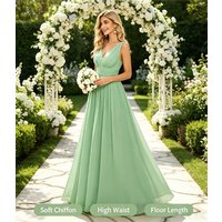 Sage Green Sleeveless Deep V-Neck Ruched Waist Chiffon Long Bridesmaid Dress, Fresh Garden Wedding Guest Evening Gown