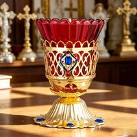Traditional Orthodox Lampada Vigil Lamp Red Glass Jeweled Gold Metal Candle Holder for Church Altar Religious Home Ornament