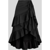 Black asymmetrical multi layer ruffled midi skirt,Black pleated design multi layer ruffled midi skirt