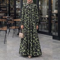 Women's Modest Fashion Floral Print Long Dress Ruffled Trim Stand Collar Long Sleeve Muslim Abaya ZANZEA Islamic Hijabs Robes