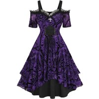 Plus Size Cold Shoulder Dress 2026 Women's Spring Summer Purple Dresses Lace Up Ruched Cross Floral Flocking Vestidos