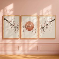Japandi Sakura Triptych Wall Art, Set of 3 Cherry Blossom Prints, Japanese Sun Canvas, Minimalist Zen Neutral Living Room Decor