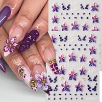 5D Embossed Flower Nail Art Sticker Purple Fairy Orchid Nail Hibiscus Floral Nail Decals Self-Adhesive Sliders for Manicures DIY