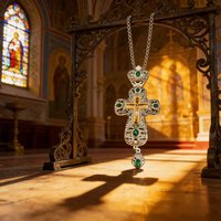 Traditional Orthodox Christian Cross Pendant with Green Gemstone Accents and Intricate Filigree Design for Faithful Followers