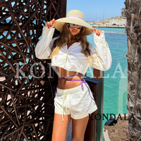 KONDALA Women Elegant Leisure Striped Shorts Set 2026 Summer Trendy Holiday Beach Set Long Sleeve Short Shirt, Drawstring Shorts