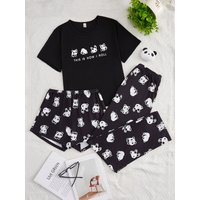 Women's new style three-piece black short-sleeved top panda print shorts pant suit cartoon casual home wear