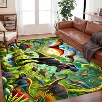 Vintage Forest Dinosaur World Rug, Retro Jungle Animal Non-Slip Floor Mat, Washable Decor Carpet for Kids Room Living Room