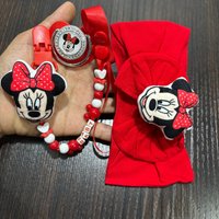 Newborn Hairband & Printed Cartoon pacifier with Dust Cover & Adjustable Chain Gentle Chewing Nipple for Newborn Daily Mood