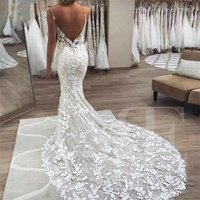 BEBEKEY Customized Sexy Lace Wedding Dress Spaghetti Straps Mermaid Wedding Party Gown Backless Bridal Dresses Formal Gowns Robe