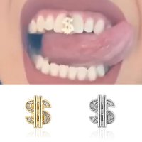 RACHELZ Hip Hop Iced Out CZ Stone Dollar Teeth Grillz Gold Silver Color Zircon Tooth Caps Braces Women Men Punk Jewelry