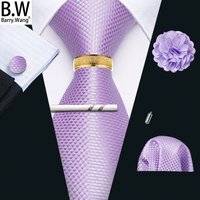 Barry.Wang Silk Mens Tie Hanky Cufflinks Clip Brooch Ring Set Pink Lilac Blue Red Gold Red Necktie Male Wedding Business Events