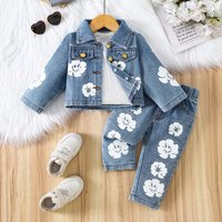 Girls Denim Floral Print Outfit Sweet Cool Casual Wear Resistant Fabric Jacket with Metal Buckle Floral Decoration Casual Style