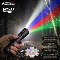 Alonefire High Power RGB LED Beam Light Zoom Flashlight Rechargeable Emergency Torch Outdoor Camping Hiking Hunting Fishing Lamp