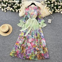 Elegant Long Sleeve Vintage V-Neck Floral Print Breasted Top Slim High Waist Belt Skirt French Vacation High Street Summer Sets
