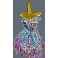 Sparkly Sequins Mini Strapless Dress Women Birthday Queen Bandage Crop Tops Mini Skirt 2Pieces Set Club gig Stage Wear Piaochong