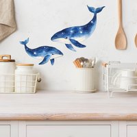 Watercolor Whale Wall Decal, Blue Whales with Starry Night Sky & Star Details Vinyl Wall Sticker for Home Decor