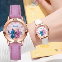 Fashion Cartoon Pattern Stitch Girls Watches Kids Leather Strap Children Watch with Rhinestone Dial reloj stich Exquisite Gift##