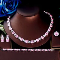 ThreeGraces 4pcs Luxury Pink Cubic Zirconia Stone Wedding Bridal Necklace Earrings Ring Bracelet Jewelry Set for Brides TZ752
