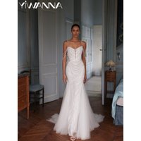Thin Straps Luxury Beaded Wedding Dress Sparkling Pearls Lace Mermaid Bridal Gown Customized Graceful Long Dresses For Bride