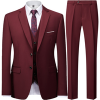 Men's Burgundy 2-Piece Suit Set (Blazer + Trousers Only, No Vest Included),Slim Fit Formal Business Wedding Party Jacket & Pants