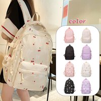 Cute Cherry & Bow Print Nylon Backpack, Large Multi-Pocket Daypack, Lightweight Water-Resistant Bag for School & Daily Use