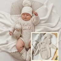 Ylsteed Hello World Knitting Newborn Photography Romper with Matching Pomp Hat Baby Boy Girl Sweater Outfits for Photo Shooting image 4
