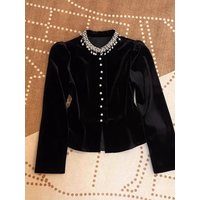 Black Beading Velvet Puff Sleeve Shirt Women 2025 Spring Fashion Single Breasted Design Slim Crop Top Vintage Blouses