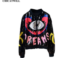 CHIC Ins Streetwear Punk Cartoon Eye Bling Sequined Women Jacket Hip Hop Girl Colorful Baseball Bomber Zipper Top Show Outerwear