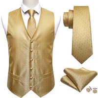 Luxury Vest for Men Silk Solid Gold Waistcoat Tie Pocket Square Set Slim Fit Formal Male Suit Wedding Business Barry Wang