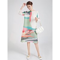 New Womens Dresses Stylish and Beautiful Pleated Dress Noble and Loose Plus Size Women's Round Neck Elegant Lssey Miyake Skirt