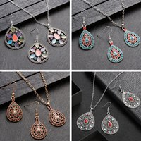 Boho Hollow Geometric Water Drop Jewelry Set for Women Colorful Beads Flower Earring/Necklace Sets Vintage Wedding Party Jewelry
