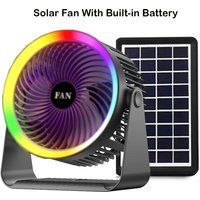 Portable Solar Fan Rechargeable Solar Powered Camping Fan Built-in Battery with RGB LED USB Ports Home Office Cooling Air Fan