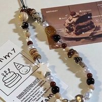 Retro Brown Leopard Cat Bead Phone Chain Elegant Short Wrist Lanyard Decor Bead String Chain Camera Hanging Accessory For Women