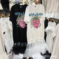Age Reduction Strawberry Printed Hot Diamonds Short Sleeve T-shirt Dress Round Neck Elegant Mesh Splicing Mid-long Loose Dresses