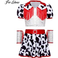 Girls Halloween Carnival Western Cowgirl Cosplay Costume Jazz Dance Outfit Print Sequin Crop Top with Culottes Tassel Cuffs Set