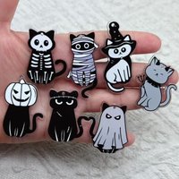 10pcs Halloween Acrylic Print Charms Cute Black Skull Cat Pumpkin Pendant for DIY Jewelry Making Keychain Earring Accessories