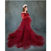 Burgundy Pregnant Women Prom Dress Off Shoulder Full Sleeves Bridal Party Robes Tulle Evening Gown Sleepwear Customized Skirt